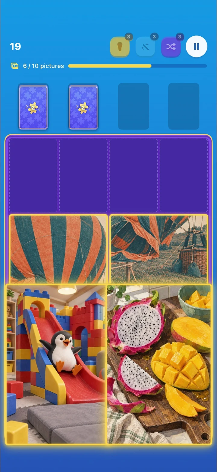 Falling Jigsaw gameplay with completed penguin and fruit pictures, purple empty slots and remaining cards above the board.