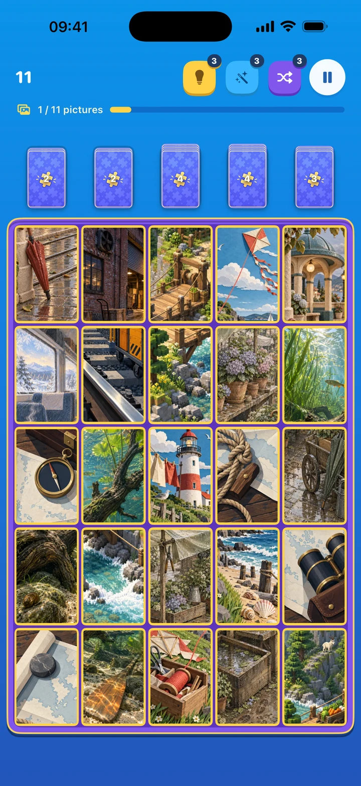 Falling Jigsaw level 11 with a five-column board, five reserve stacks and one of eleven pictures completed.