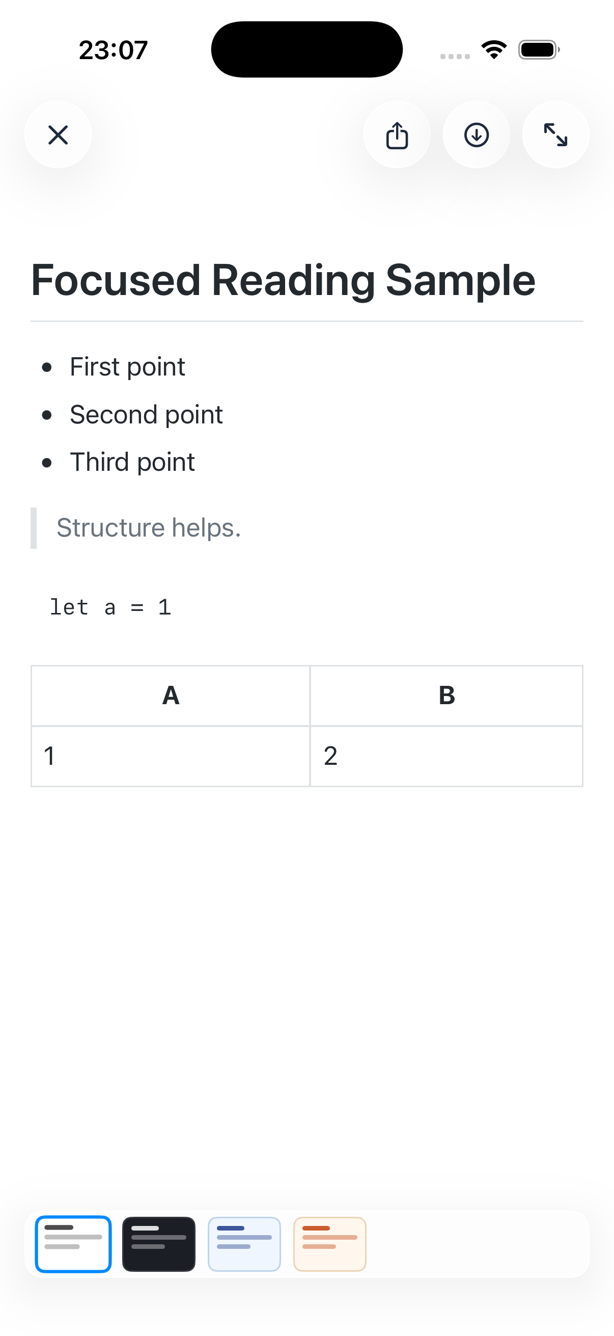Loft Reader showing the sample document rendered with a heading, bullet list, block quote, code block, and table