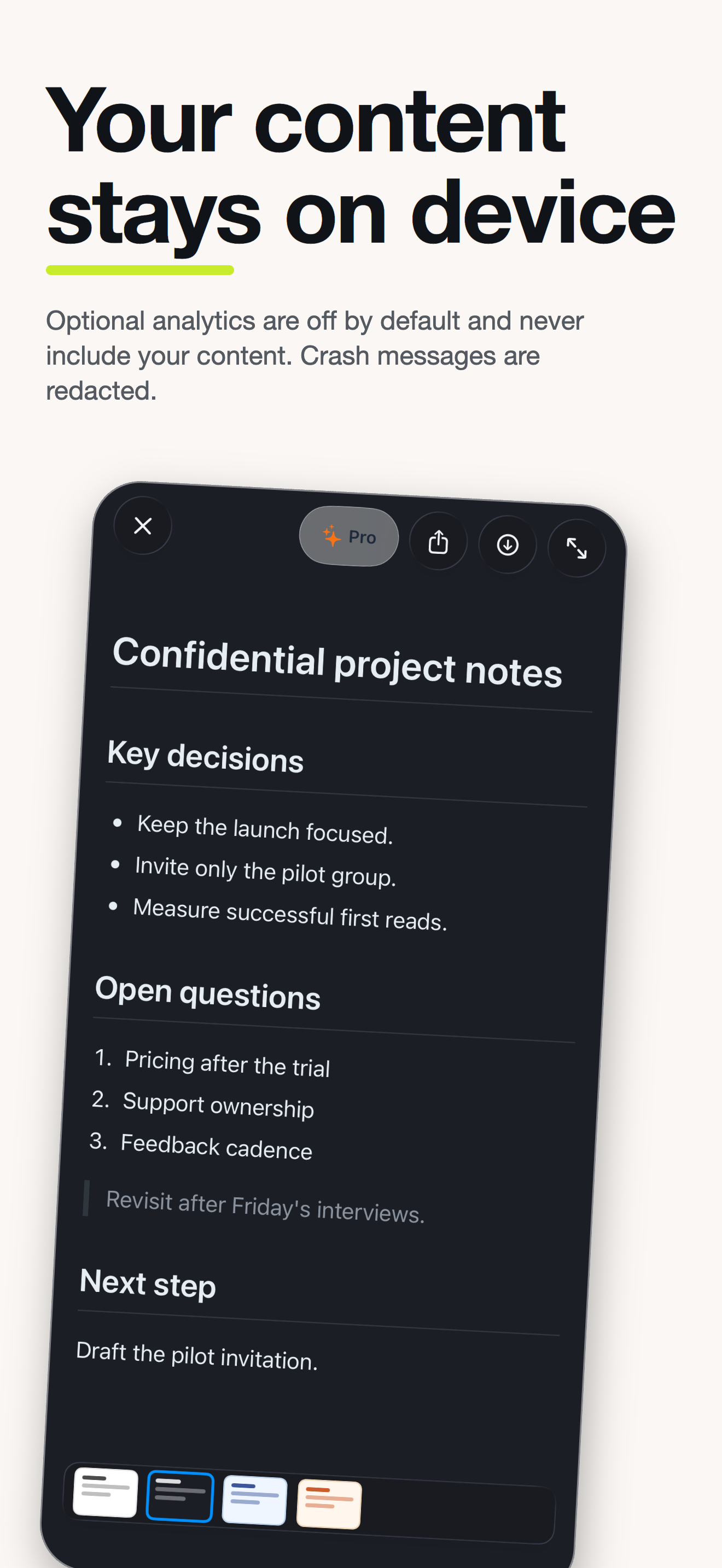 Loft dark Reader showing document content processed on device and excluded from optional analytics