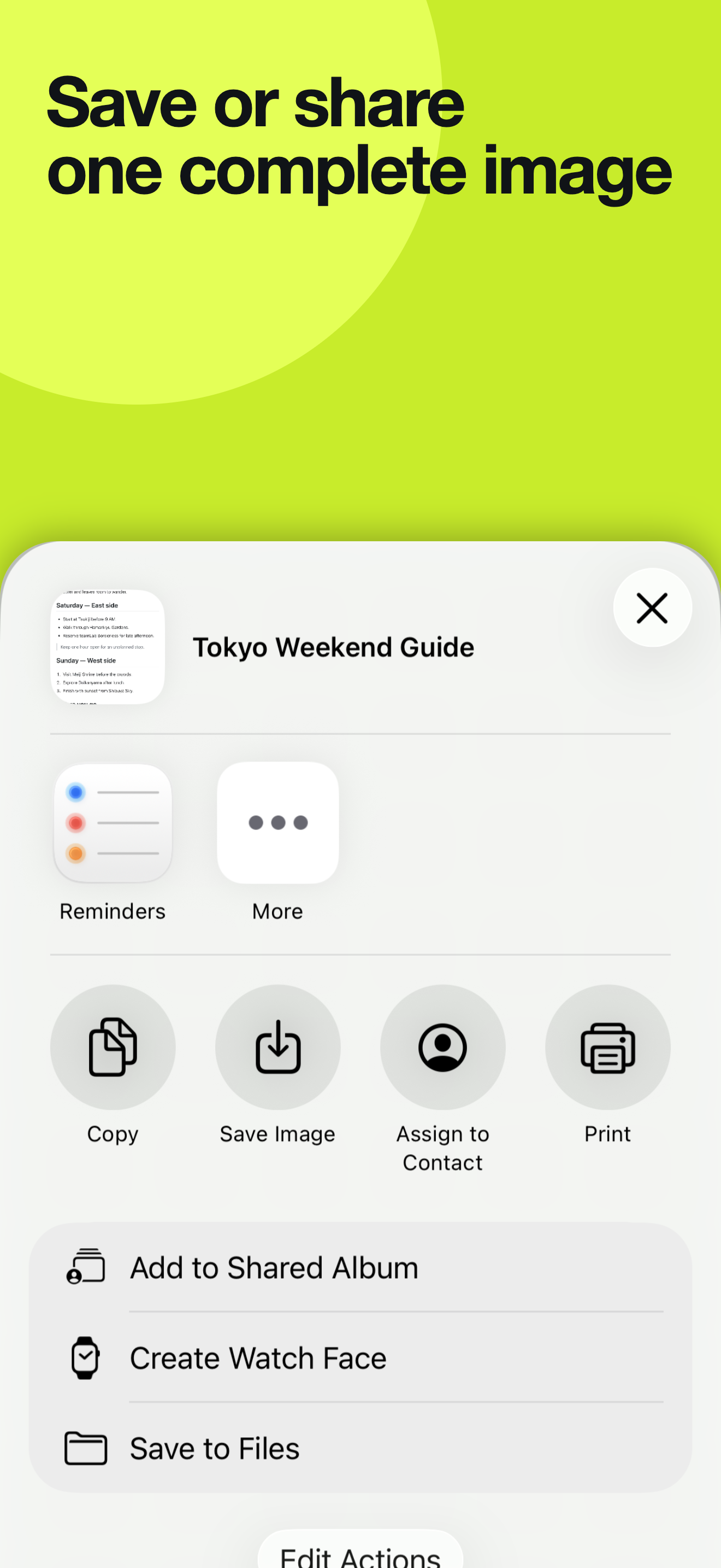 iOS share sheet showing a complete exported Loft image with Save Image and Save to Files actions