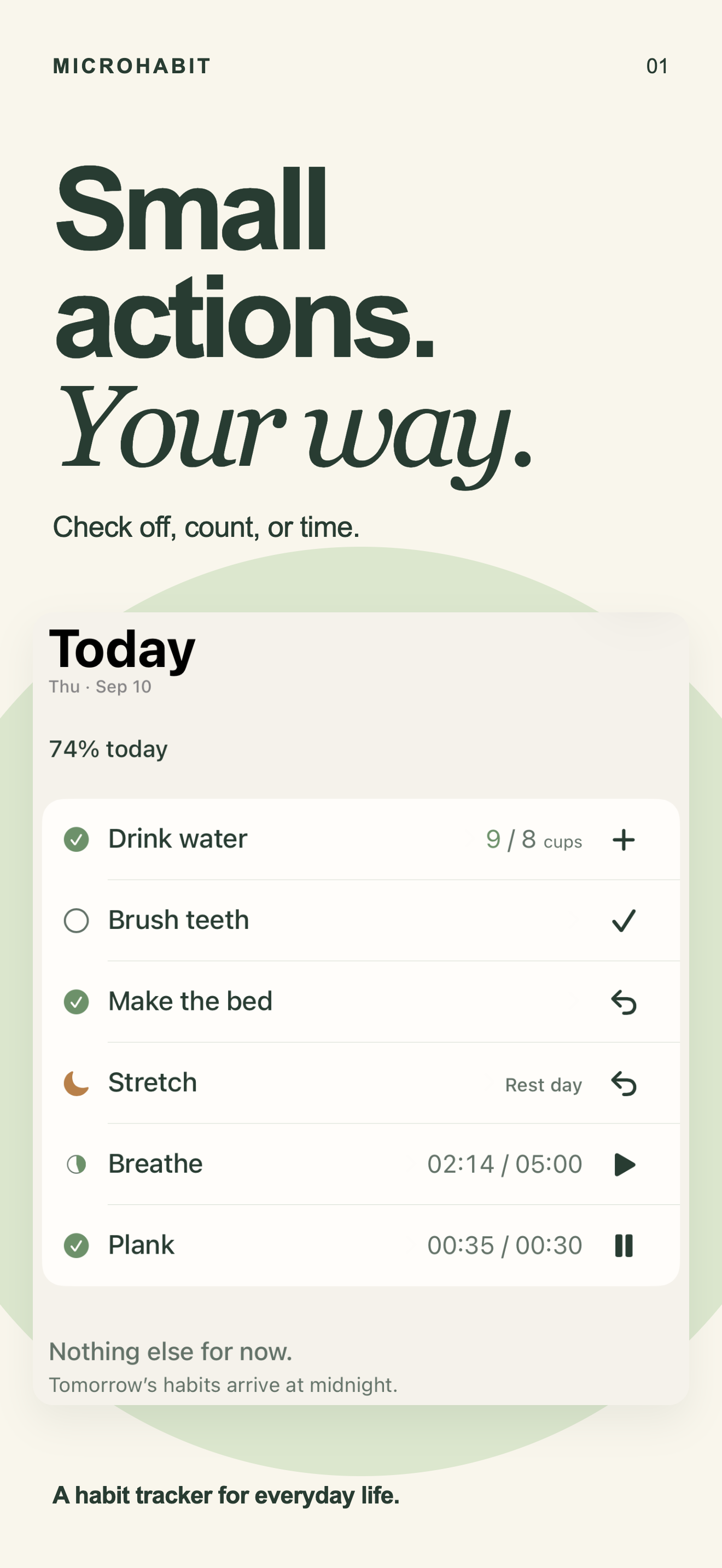 MicroHabit Today screen showing habits, progress, and quick actions