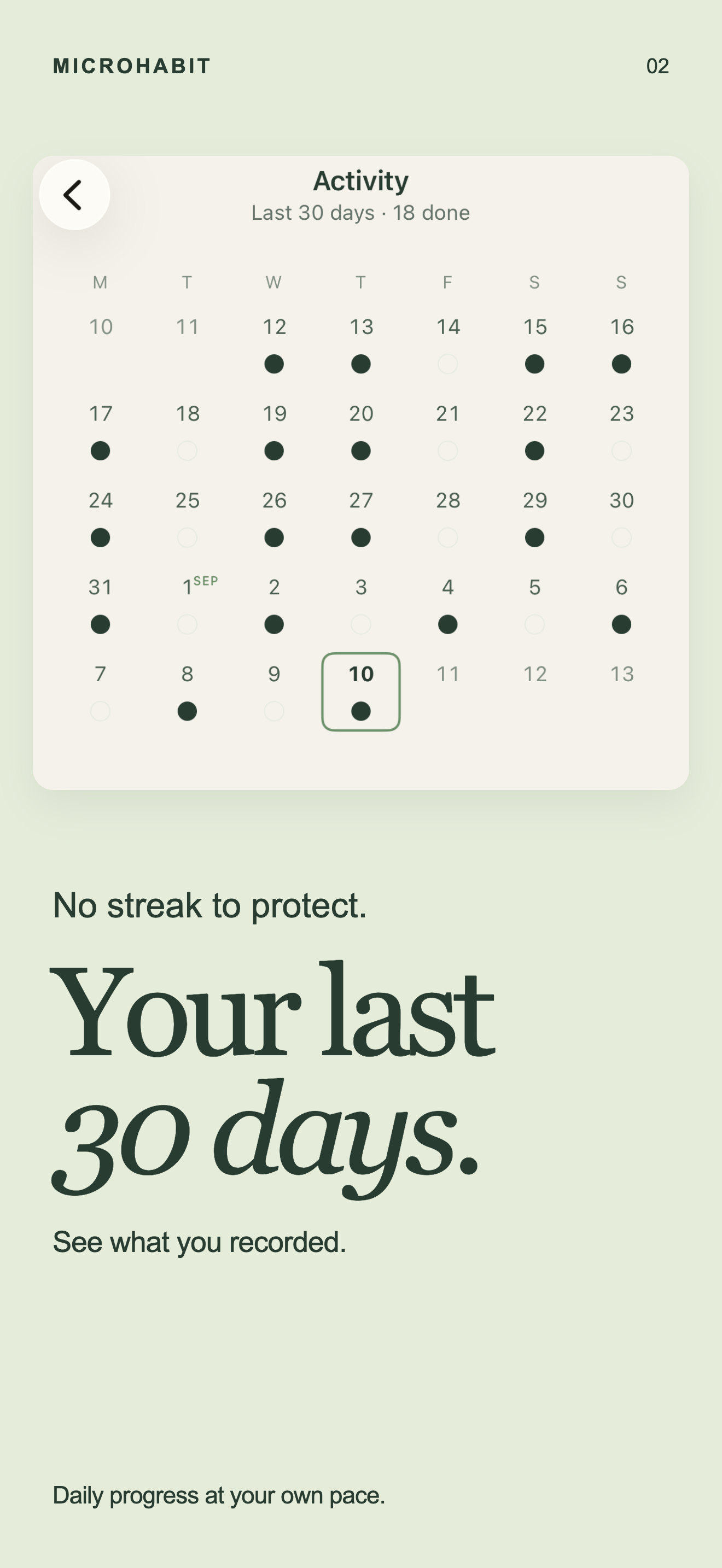 MicroHabit Activity screen showing the last 30 days of recorded activity
