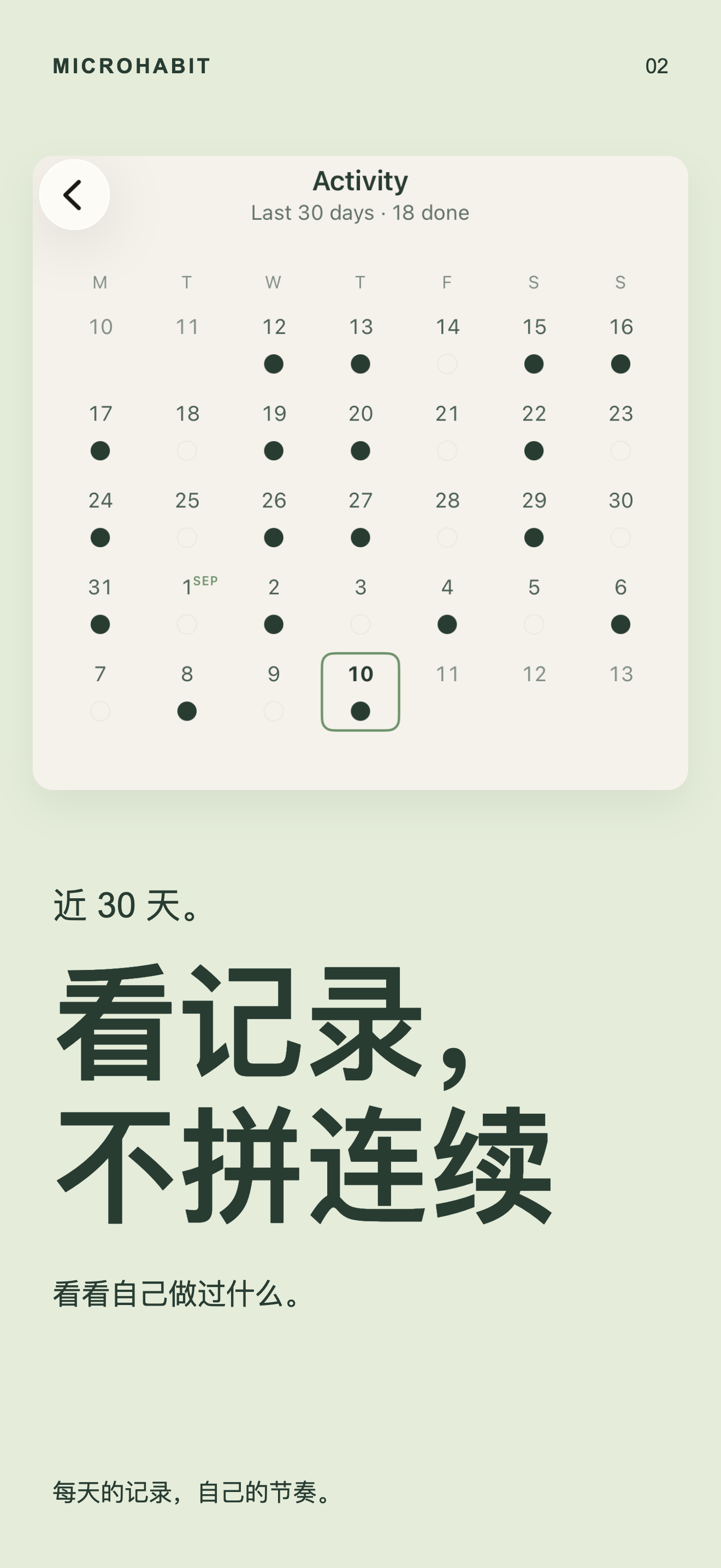 MicroHabit 的“活动”页面，显示最近 30 天的记录