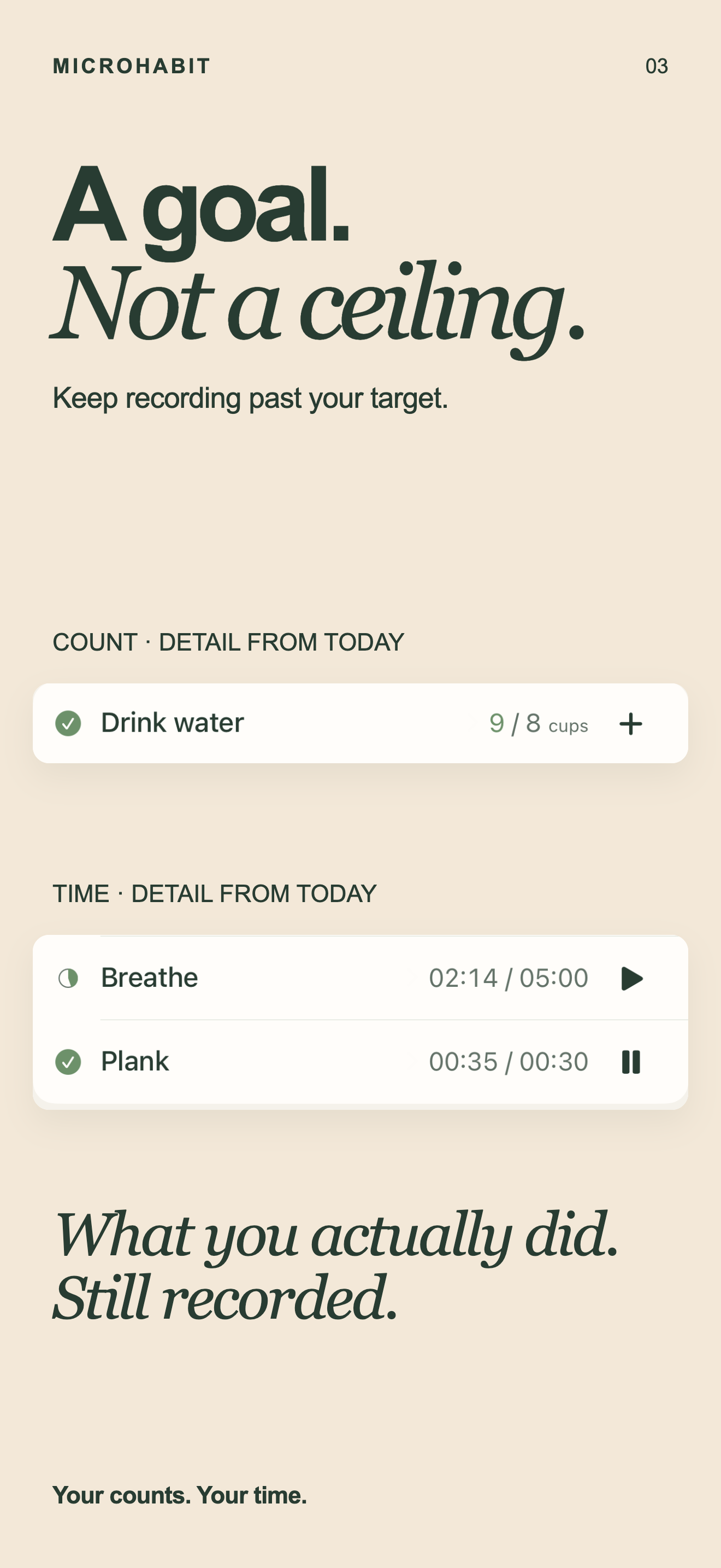 MicroHabit Today detail showing count and timer logging past the daily target