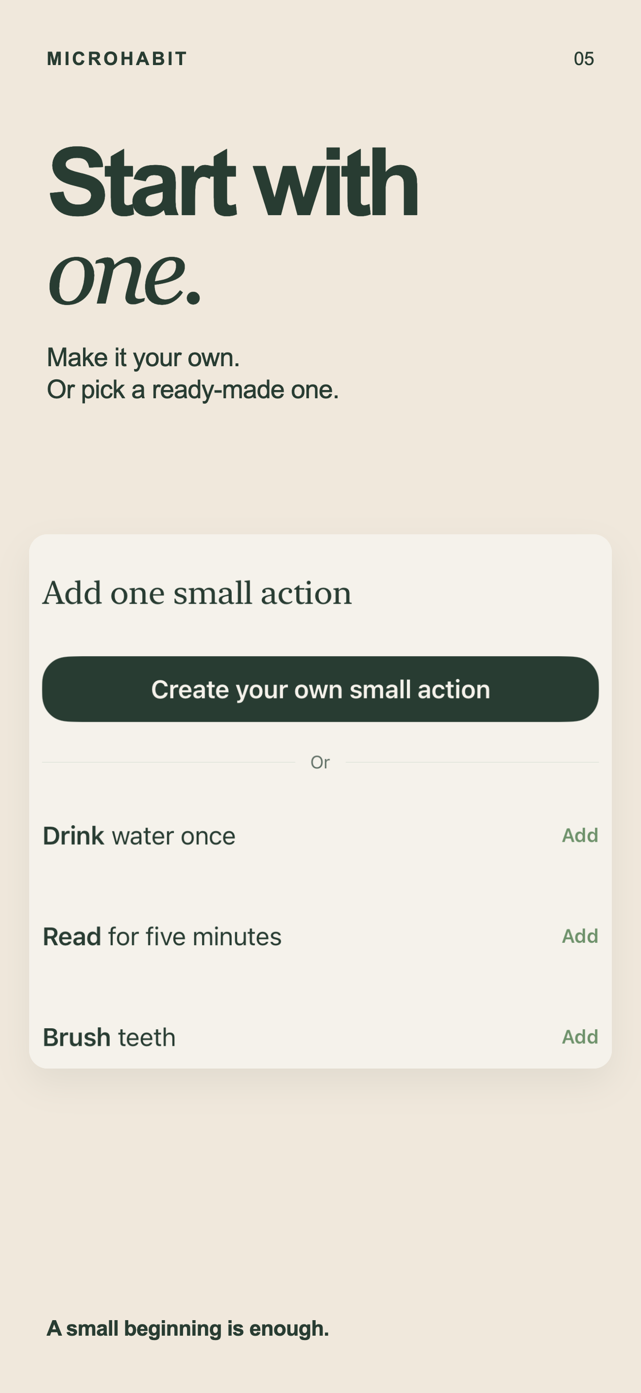MicroHabit empty Today screen with ready-made starters and an option to create a habit