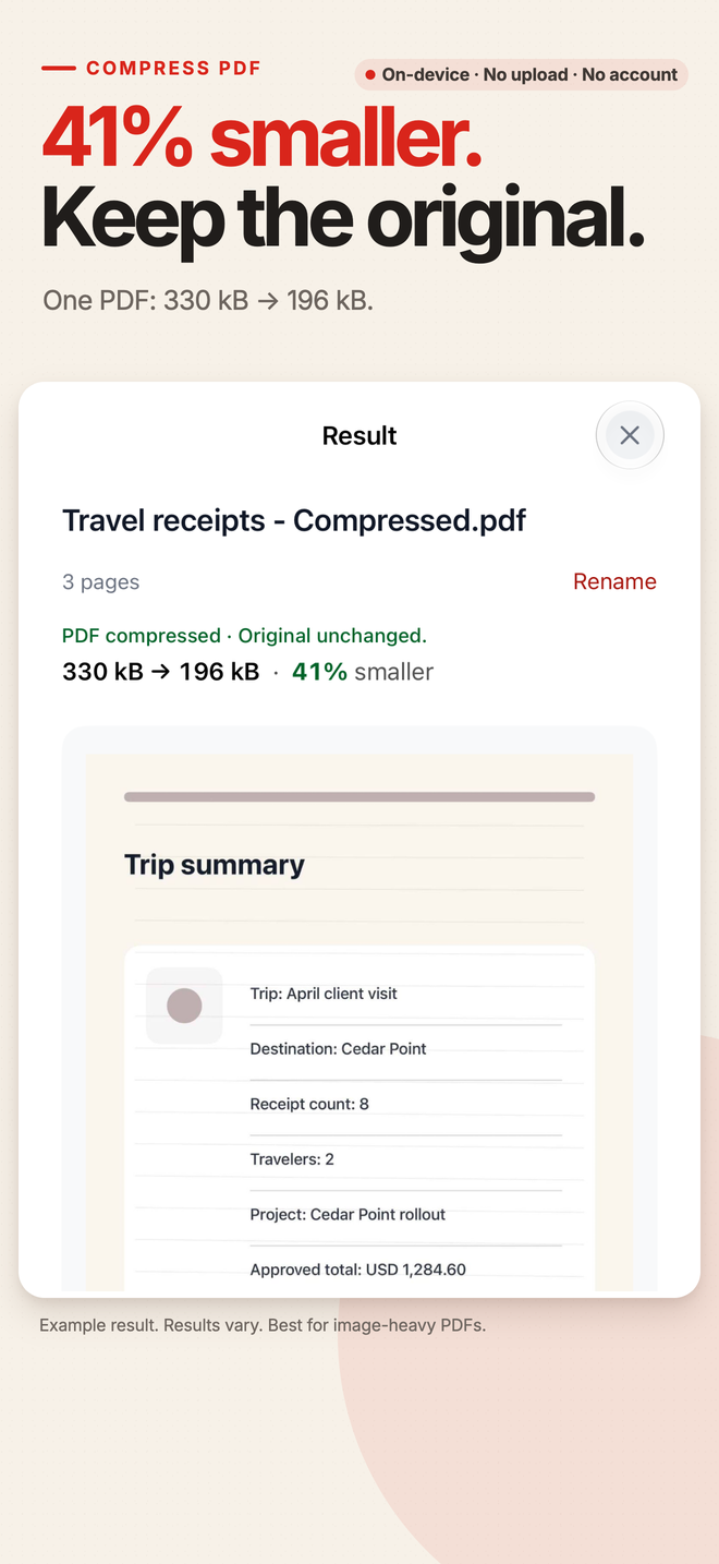English PDF Tools screenshot showing a compressed PDF result and reduced file size on iPhone
