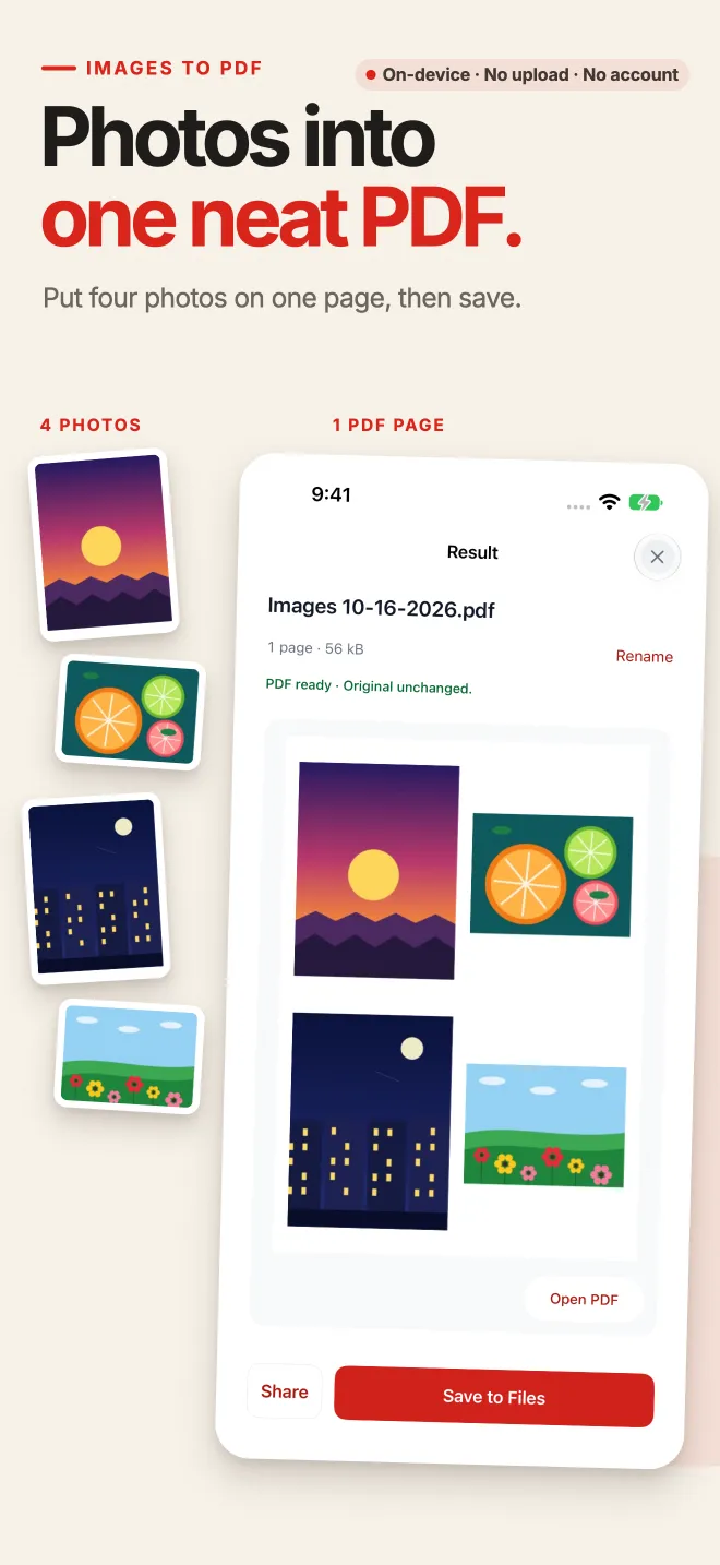 PDF Tools Images to PDF workflow on iPhone converting photos into a PDF