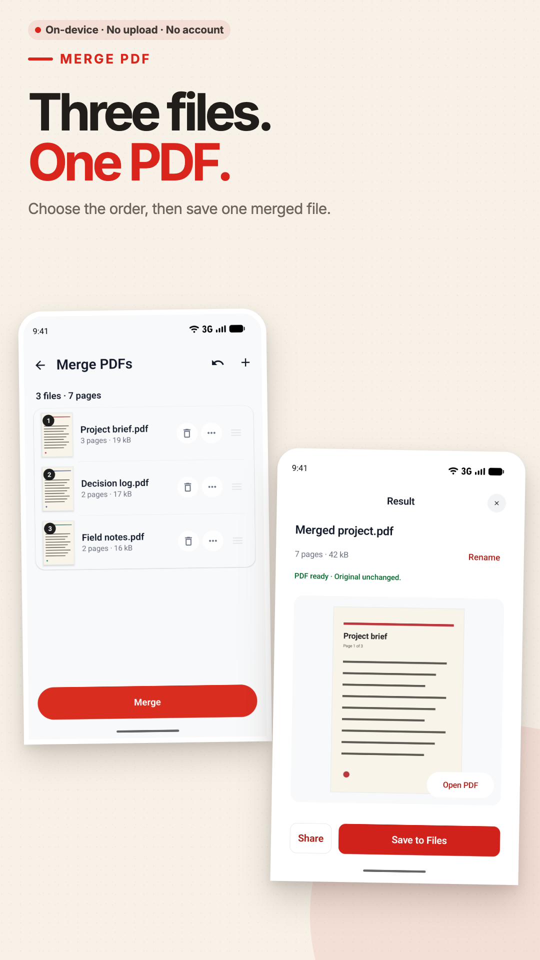 English Google Play listing image showing three PDF files and one merged result