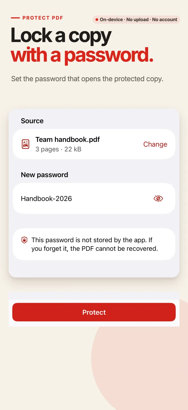 PDF Tools Protect tool on iPhone setting a password on a PDF document
