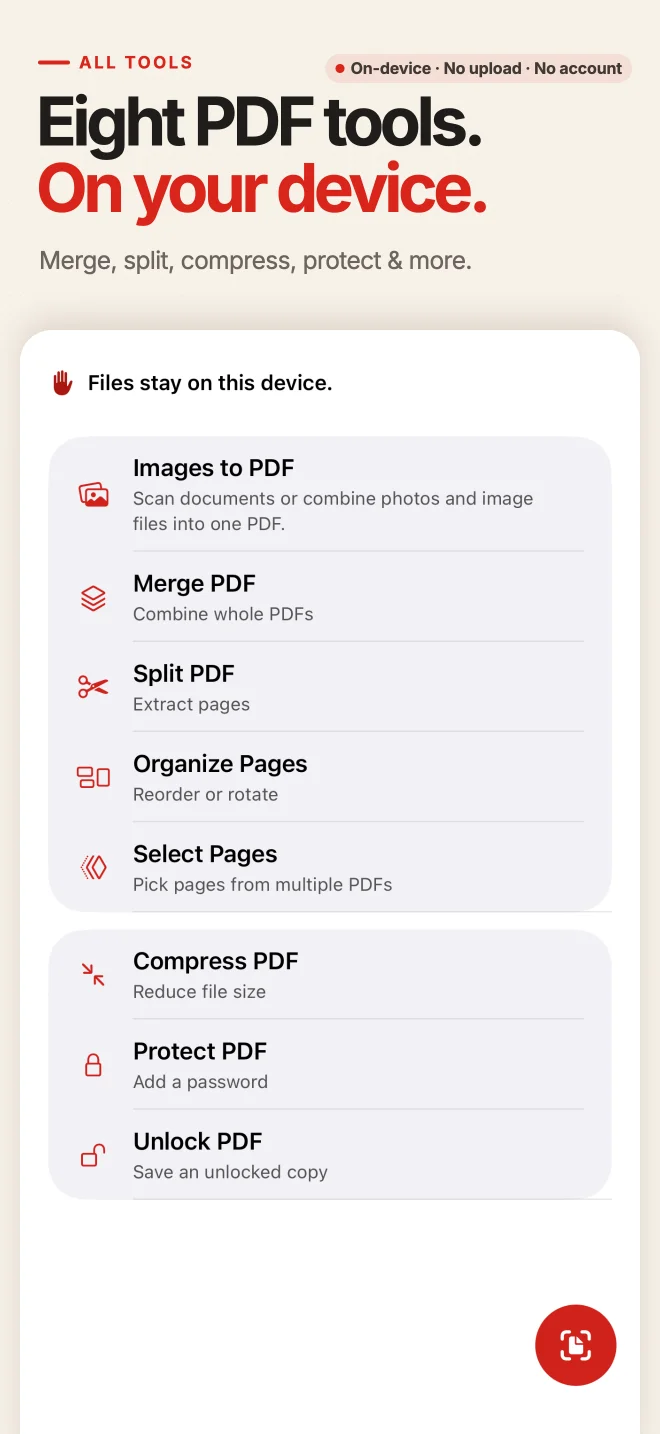 PDF Tools home screen on iPhone showing offline PDF tools with on-device processing