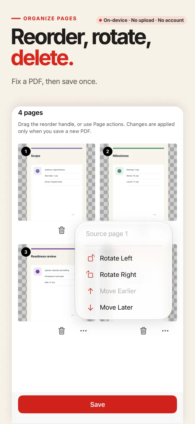 PDF Tools Organize tool on iPhone rearranging and rotating PDF pages