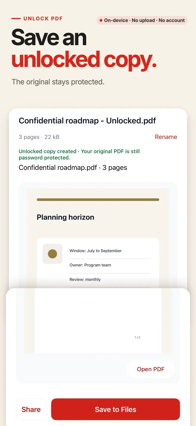 PDF Tools Unlock tool on iPhone removing password protection from a PDF