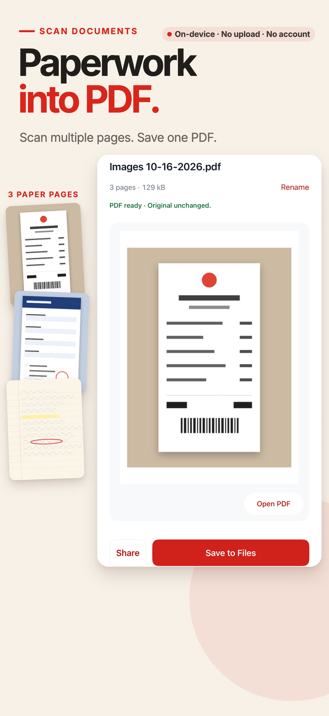PDF Tools iPhone result screen showing a three-page PDF made from demonstration paper documents