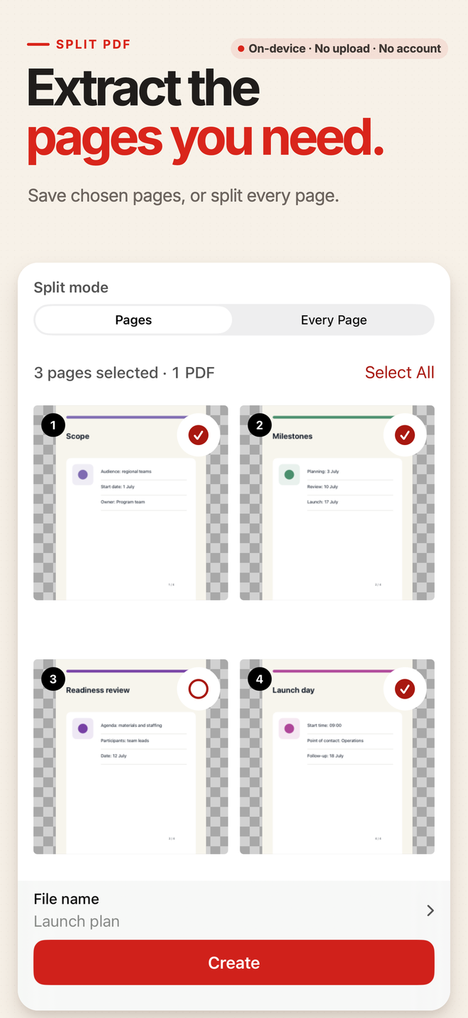 PDF Tools Split PDF editor on iPhone showing three selected pages that will become one PDF