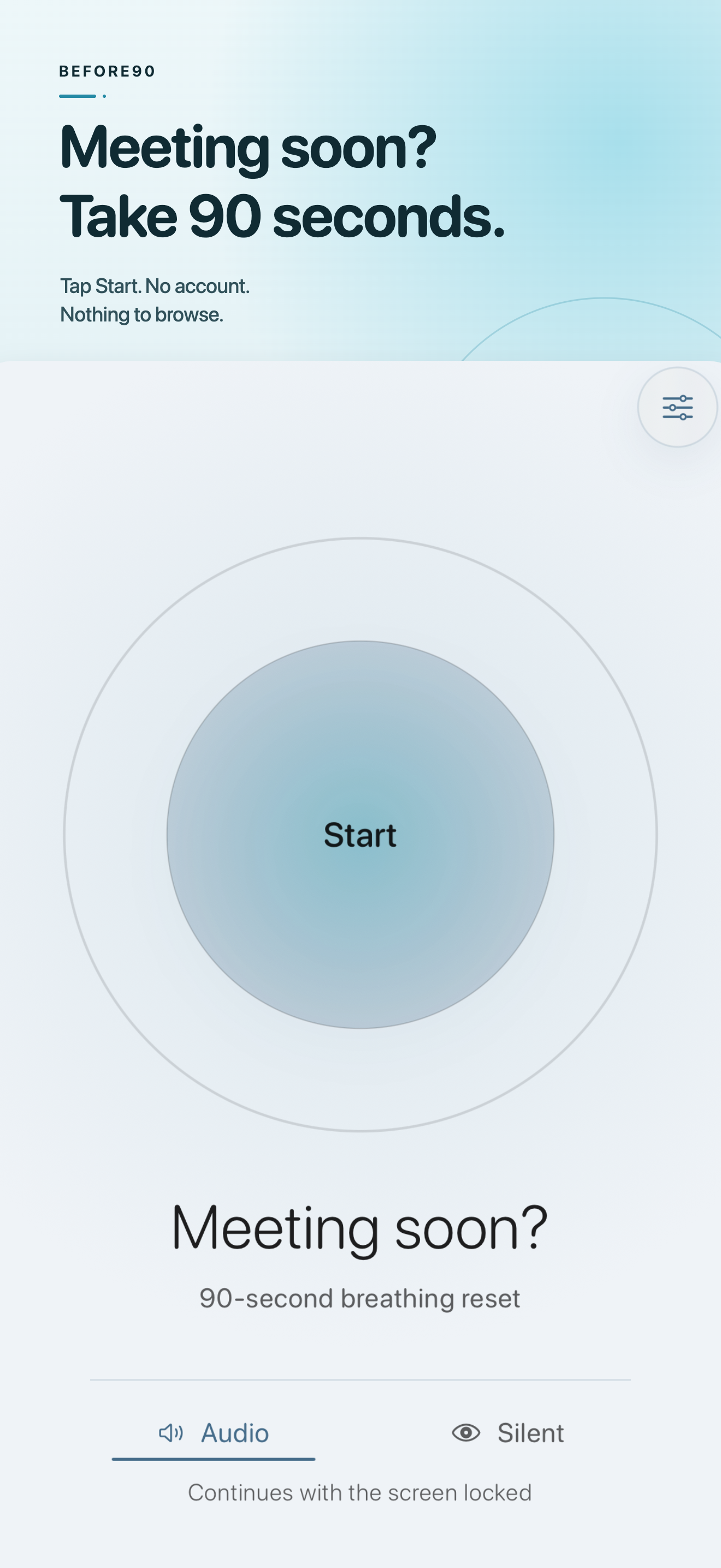 Before90 home screen with a Start button for a 90-second breathing reset