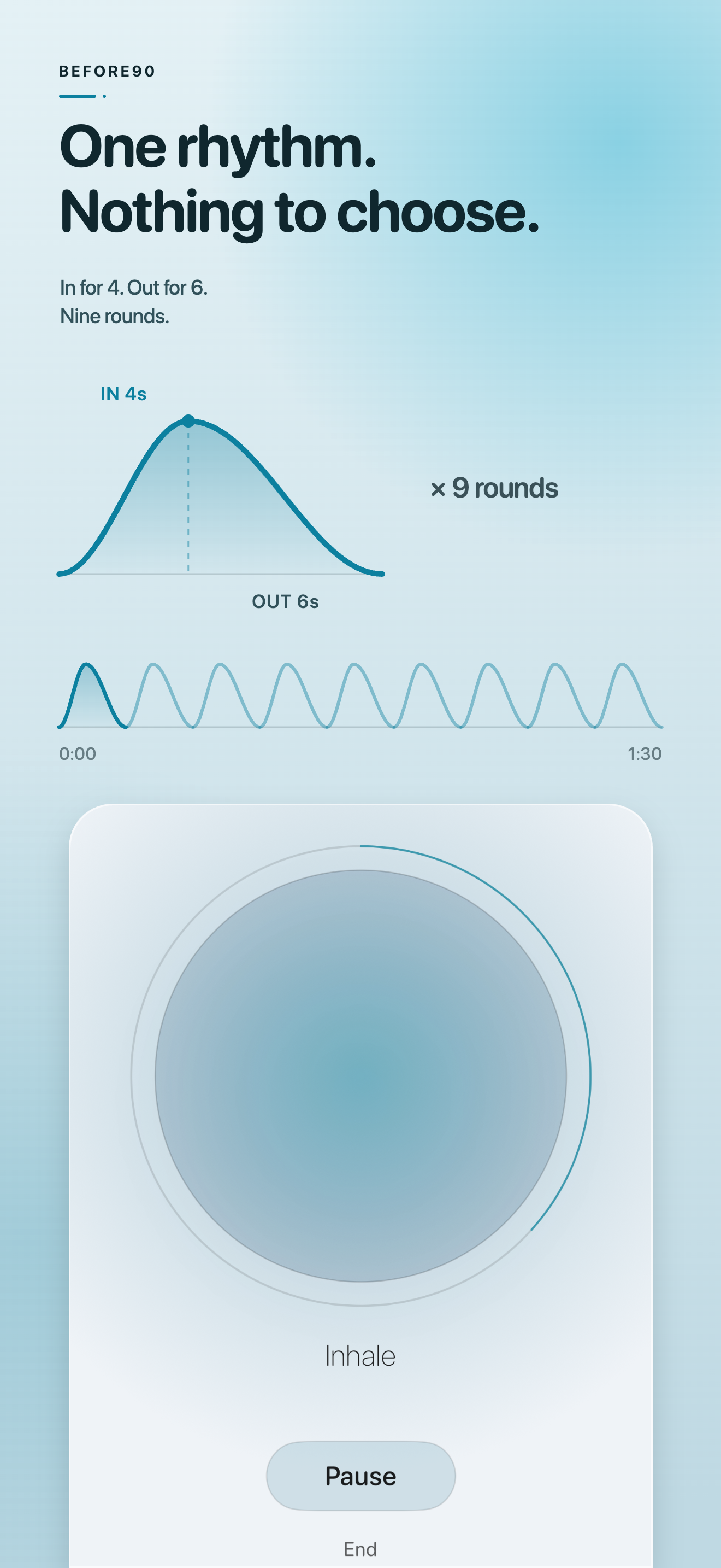 Before90 breathing guidance screen showing one rhythm