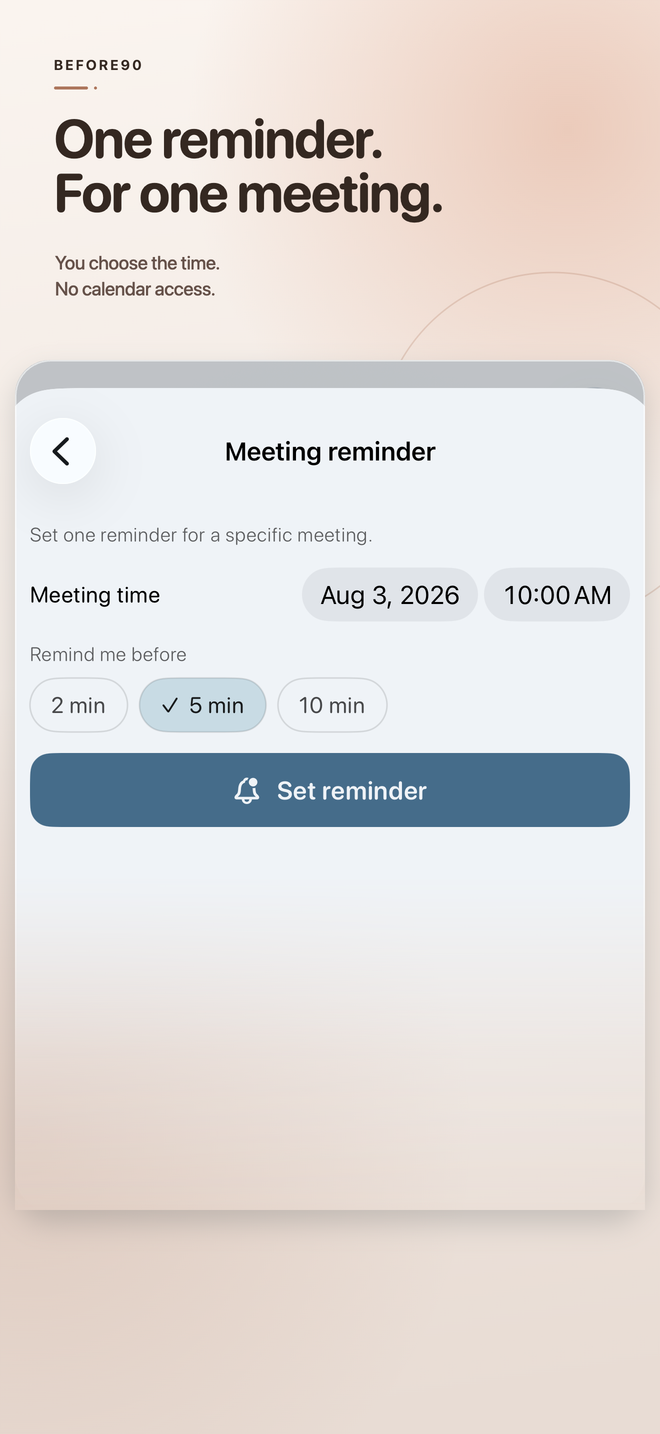 Before90 one-time reminder setup for an upcoming meeting