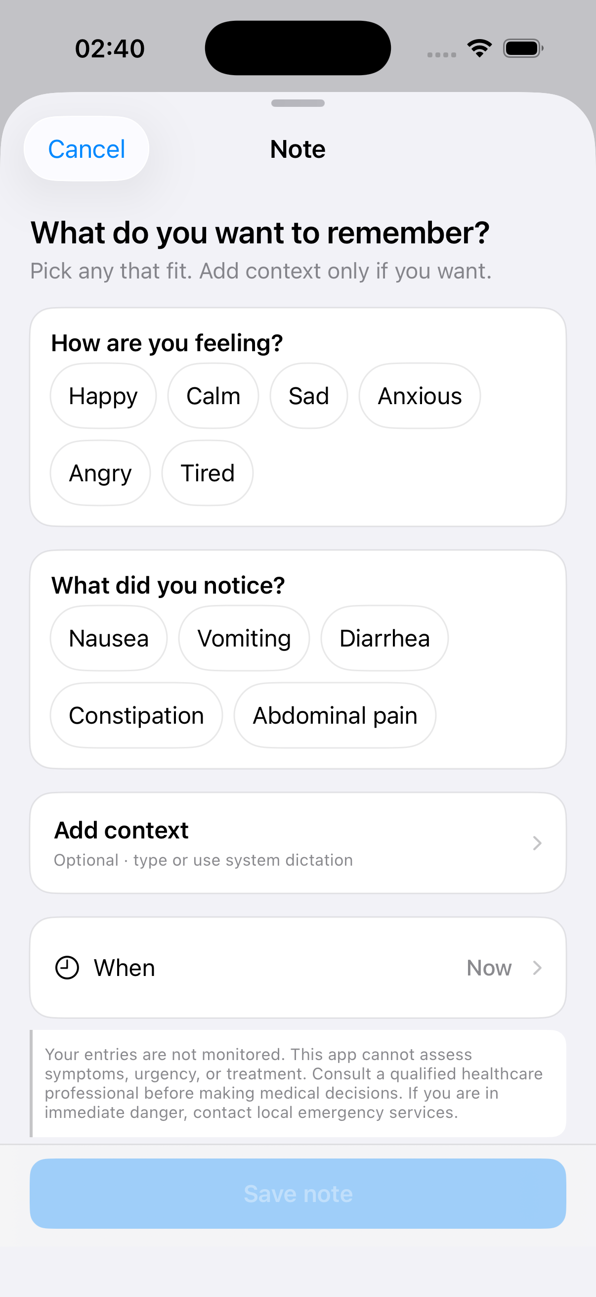 Keeping note editor with fixed quick-word choices and optional context