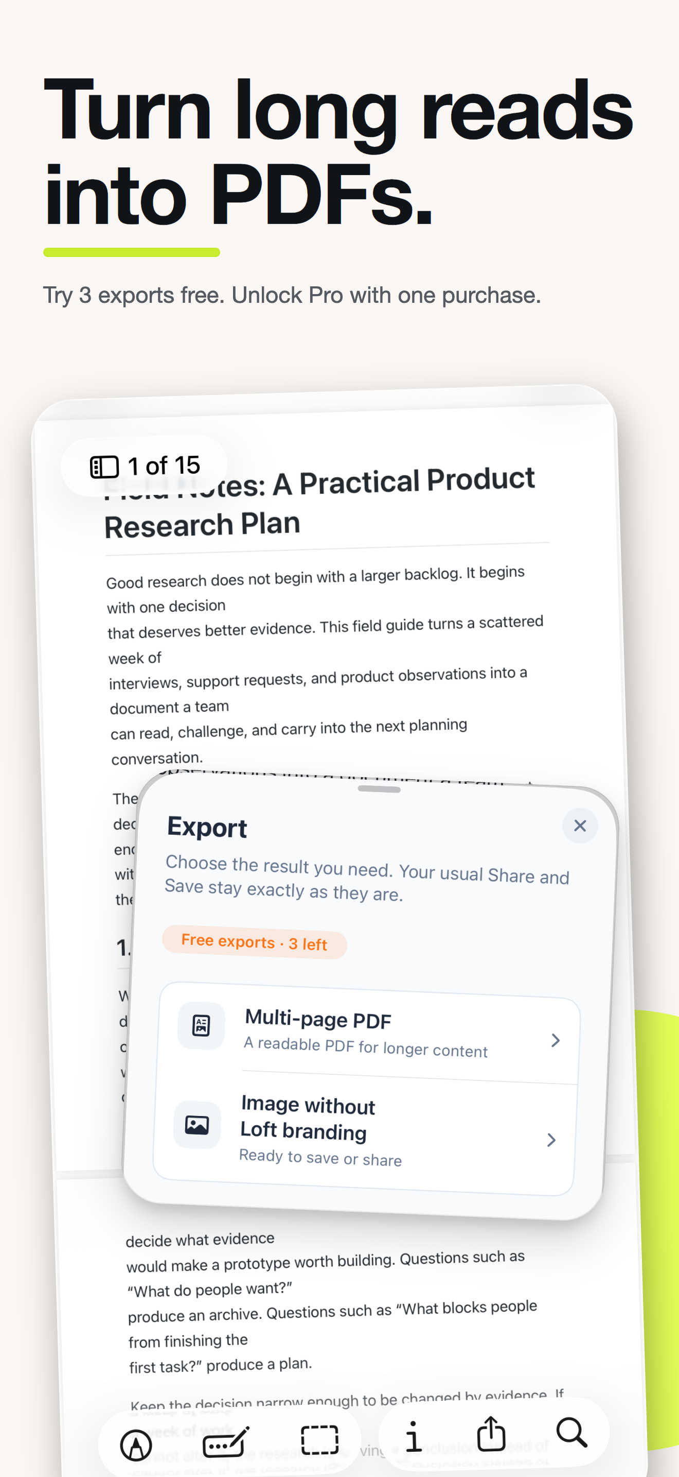 Loft Export chooser and a real Quick Look preview of a generated multi-page PDF