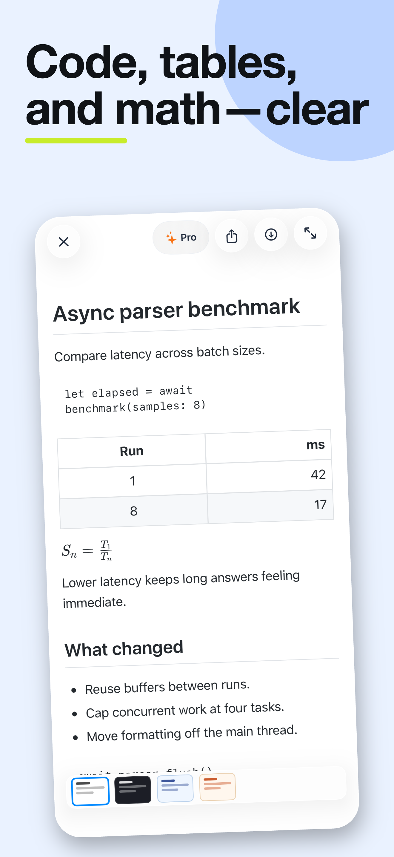 Loft Reader showing Swift code, a table, a rendered equation, and a change list