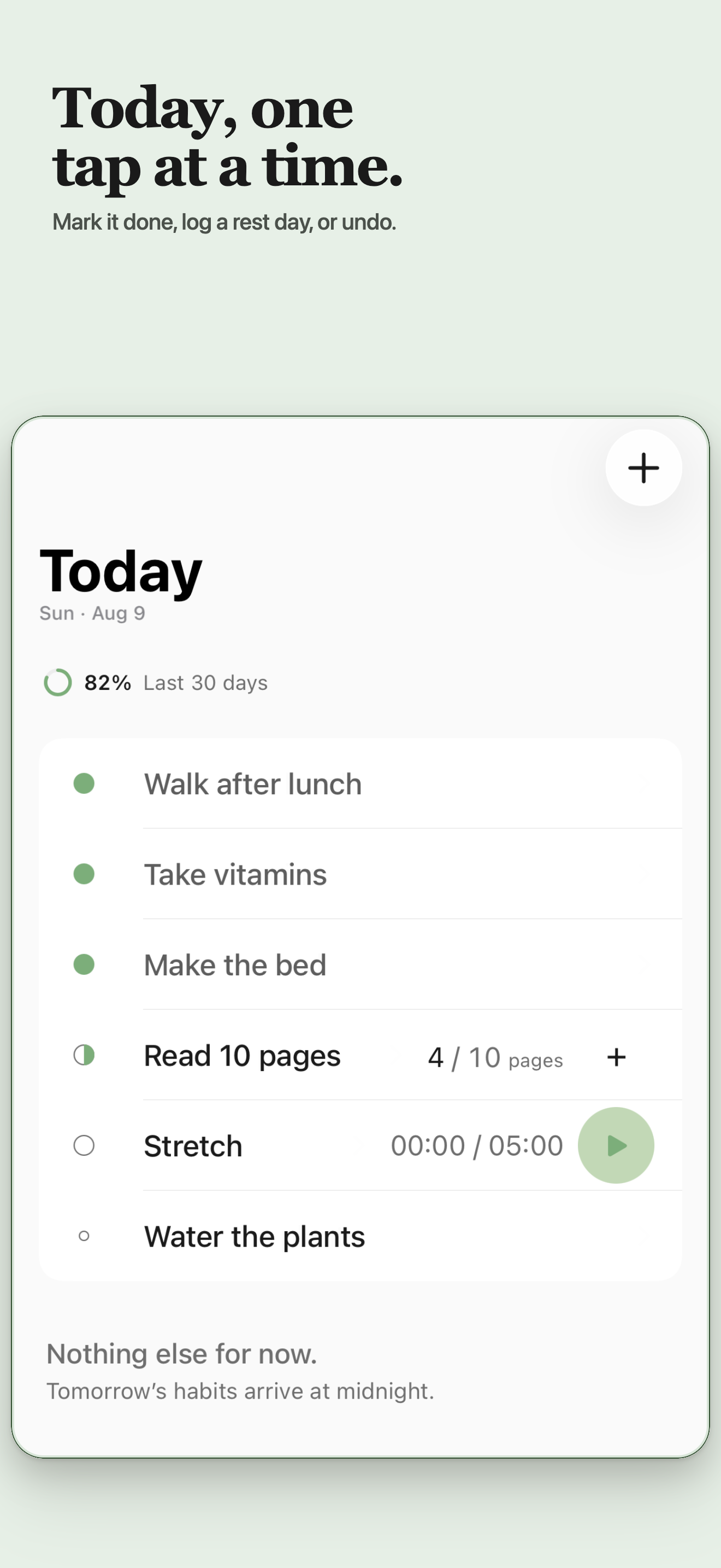 MicroHabit Today screen showing habits and a rolling 30-day completion percentage