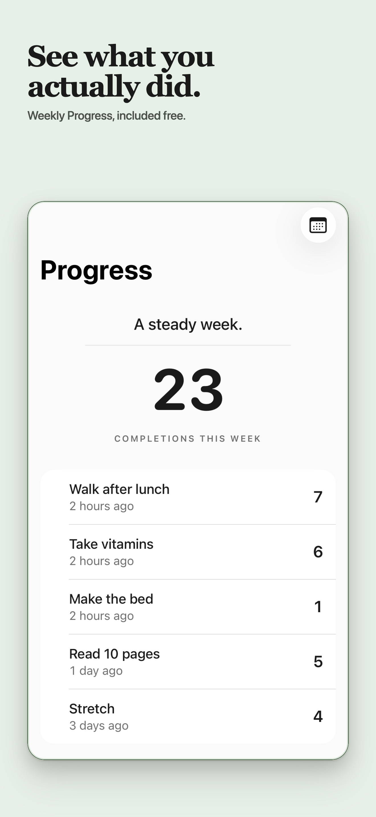 MicroHabit Weekly Progress screen showing recent completion history