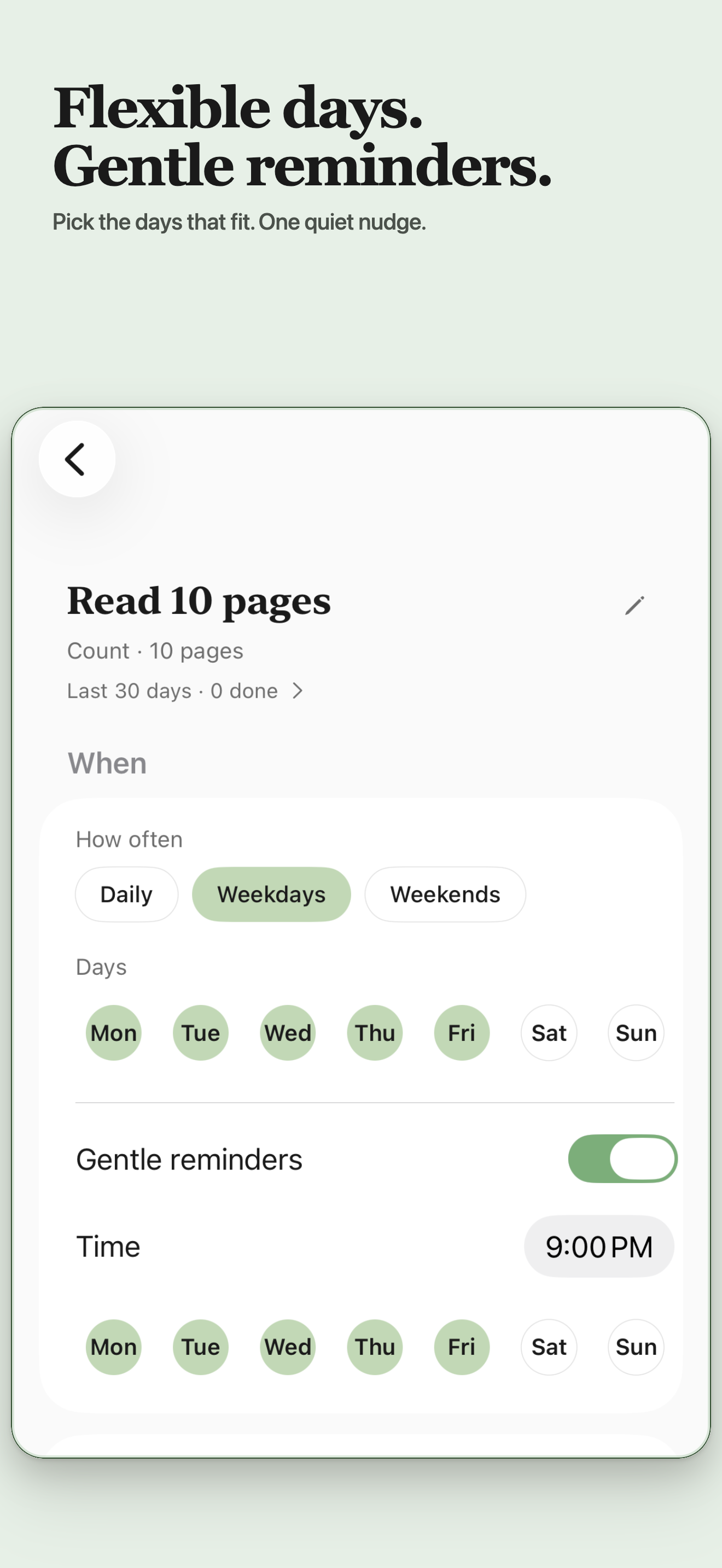MicroHabit habit detail screen with flexible days and a reminder